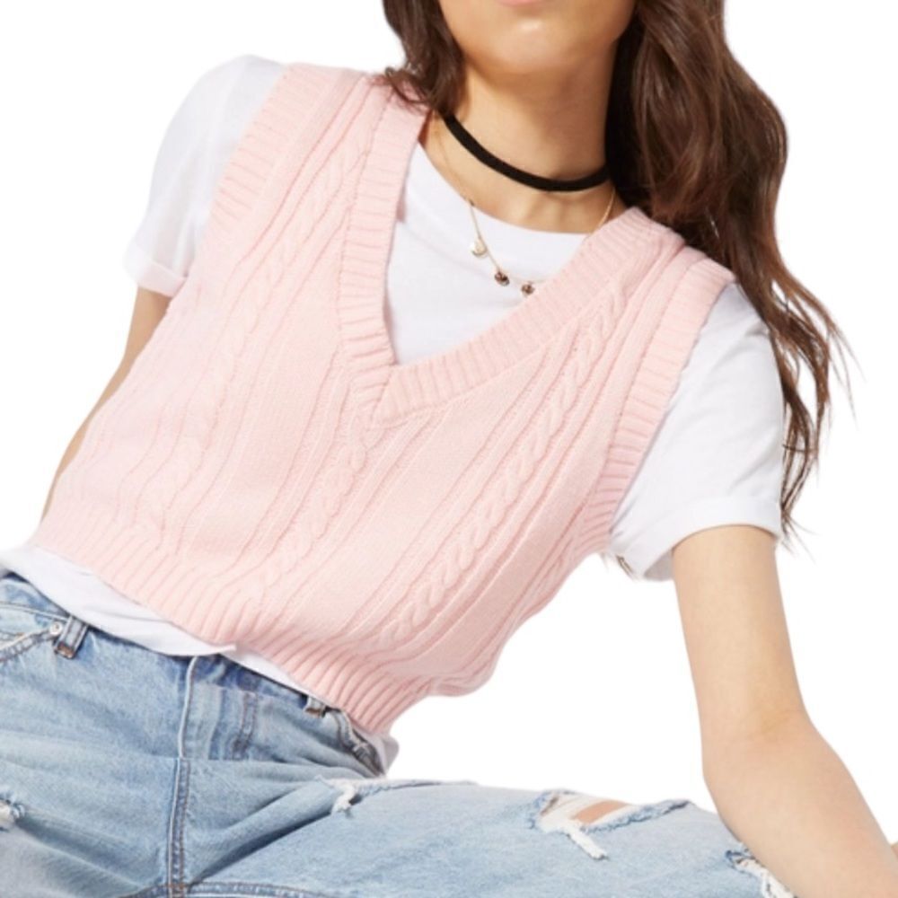 Pink Balletcore Ribbed Knitted Lightweight Vee Casual Soft School Vest Top